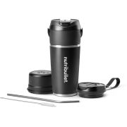 Blender portabil nutribullet Flip NBP016B - 0C22300147, Bază cu motor reîncărcabil 11.1V, Capac cu mâner de transport,  Capac Dual Sip & Straw To-Go, Pai inoxidabil,  Cană etașă din oțel inoxidabil de 590ml, Negru