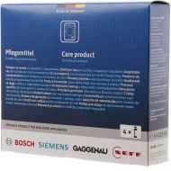 Set BOSCH Care Product 00312474, 4 flacoane soluție de îngrijire de 125ml, Pentru uscătoare de rufe cu pompă de căldură, Elimină mirosurile neplăcute și menține performanța