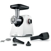 Mașină de tocat carne BOSCH Serie 6 MultiPower MFWS607W, Vârf 2100W (2 trepte și revers), Nominală 500W, 3.5kg/min, Cârnați, Kebbe, Cuțit cu două tăișuri, Piciorușe ventuze, Cutie de viteze planetară, Albă