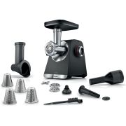 Mașină de tocat carne BOSCH Serie 6 MultiPower MFWS640B, Vârf 2100W (2 trepte și revers), Nominală 500W, 3.5kg/min, Răzătoare, Cârnați, Kebbe, Cuțit cu două tăișuri, Cutie de viteze planetară, Metallic Silver