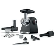 Mașină de tocat carne BOSCH Serie 6 MultiPower MFWS650B, Vârf 2100W (2 trepte și revers), Nominală 500W, 3.5kg/min, Storcător, Cârnați, Kebbe, Cuțit cu două tăișuri, Cutie de viteze planetară, Metallic Silver