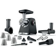 Mașină de tocat carne BOSCH Serie 6 MultiPower MFWS660B, Vârf 2100W (2 trepte și revers), Nominală 500W, 3.5kg/min, Storcător, Răzătoare, Cârnați, Kebbe, 3 site, Cuțit cu două tăișuri, Metallic Silver