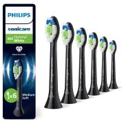 Set de 6 capete Philips Sonicare W2 Optimal White Medium Soft HX6066/88, Rigiditatea perilor moale-mediu, Dimensiune standard, Negre