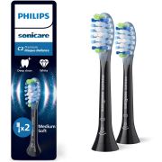Set de 2 capete Philips Sonicare C3 Premium Plaque Defence Medium Soft HX9042/88, Rigiditatea perilor moale-mediu, Dimensiune standard, Negre