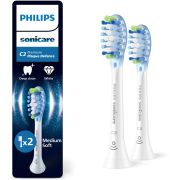 Set de 2 capete Philips Sonicare C3 Premium Plaque Defence Medium Soft HX9042/87, Rigiditatea perilor moale-mediu, Dimensiune standard, Albe