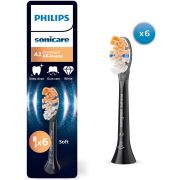 Set de 6 capete Philips Sonicare A3 Premium All-in-One Soft HX9096/88, Rigiditatea perilor moale, Dimensiune standard, Margini moi și flexibile din cauciuc, Negre
