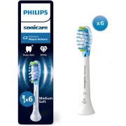 Set de 6 capete Philips Sonicare C3 Premium Plaque Defence Medium Soft HX9046/87, Rigiditatea perilor moale-mediu, Dimensiune standard, Albe
