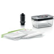 Set de accesorii vacuum BOSCH Airtight Fresh MSZV6FSG1 - 17006289, Caserolă 1.2l din sticlă borosilicată cu capac Tritan fără BPA, 6 pungi cu dublu etanș (3x 1.2l și 3x 3.8l), Pompă manuală, DW safe