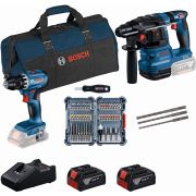 Set combo BOSCH PRO 0615V0003D, 1x GSR 18V-45, 1x GBH 18V-22,  1 set de 45 de capete de şurubelniţă, 1 set de 3 burghie pentru ciocan rotopercutor SDS plus-5,   2x GBA 18V 4.0Ah, 1xGAL 18V-40, 1x geantă