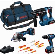 Set combi BOSCH 0615A5007H, GSB 18V-65, 1x GWS 18V-11, 1x GBH 18V-24 C, 3x GBA 5.0Ah, 1x GAL, şurubelniţe şi cleşti VDE