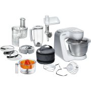 Robot de bucătărie planetar BOSCH Serie 4 MUM5 MUM54251, 900W (7 trepte și Pulse), Bol inox 3.9l, Cube Cutter, Set patiserie, Soft Start, Easy Arm Lift, Geantă, C1.1m, Carcasă plastic, White Silver