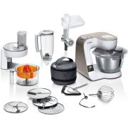 Robot de bucătărie planetar BOSCH Serie 4 MUM5 Scale MUM5XW40, 1000W (7 trepte și Pulse), Bol inox 3.9l, Cântar, Timer, Set patiserie, Soft Start, Easy Arm Lift, Geantă, C1.1m, Carcasă plastic, White Champagne