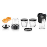 Set de accesorii 5-în-1 BOSCH TastyMoments MUZ45XTM1 - 00577187, Mărunțire, Măcinare, Depozitare, Amestecare, Sticlă ToGo, 4 recipiente (3 sticlă, 1 plastic), Pentru MUMS2, MUM5, MUM4 și MUMX