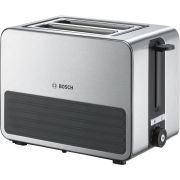 Prăjitor de pâine compact BOSCH TAT7S25, 860~1050W (6 trepte), 2 fante, Dezghețare, Încălzire, High Lift, Grătar chifle integrat, Buton STOP, Centrare automată, Oprire automată, Graphite