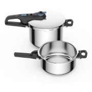 Set oală sub presiune TEFAL Secure Trendy P2584301, Volum 4+6l, 2 programe (carne și legume), 5 sisteme de siguranță, Controlul presiunii, Compatibilă cu toate sursele de căldură, Aqua Blue